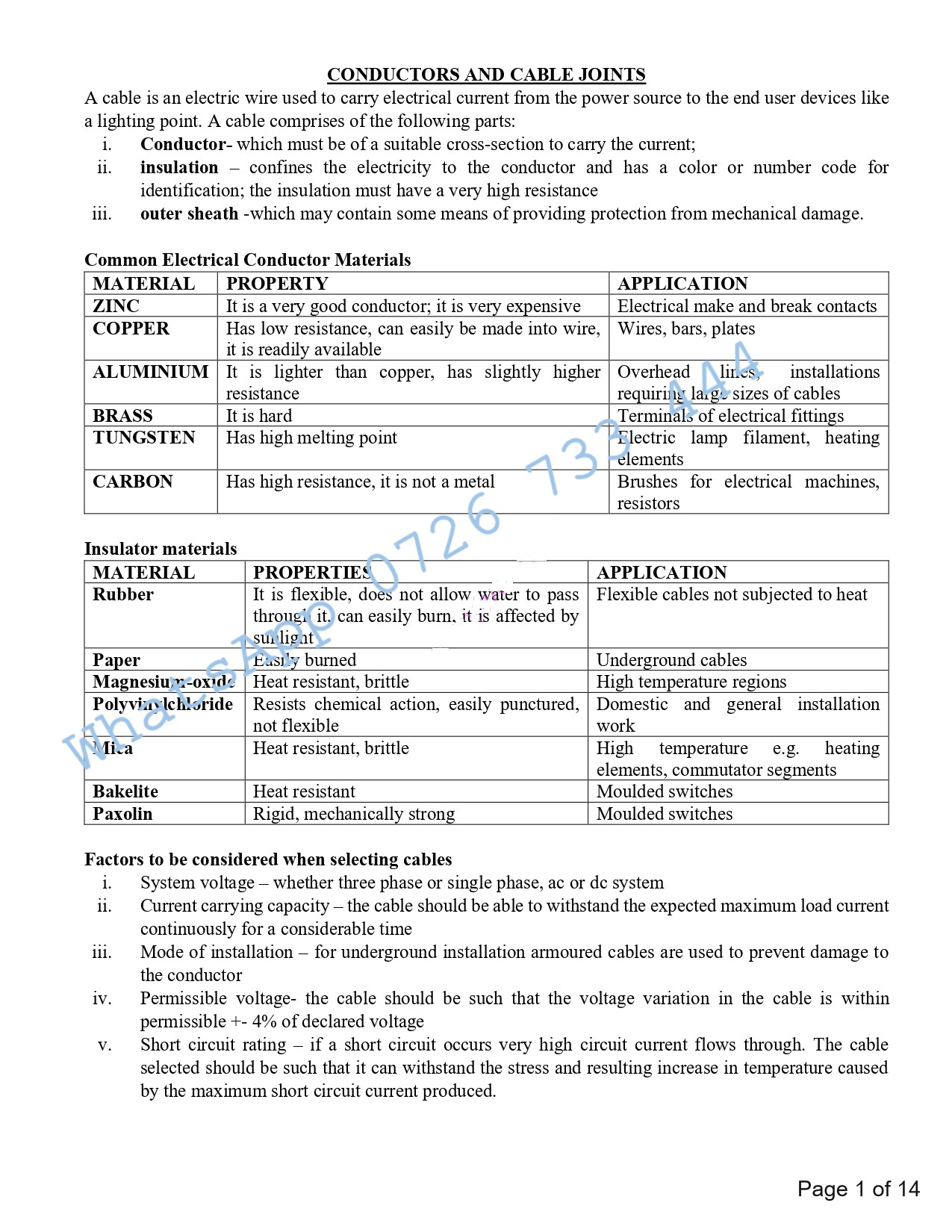 Topic 5: Conductors and Cable Joints - KNEC notes and Revision materials